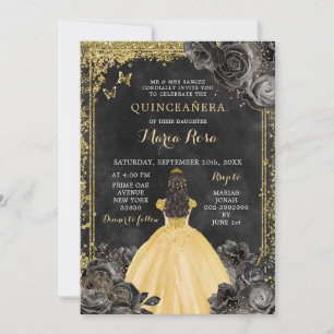 Gouden jurk en zwart Roos Royale Quinceañera Kaart