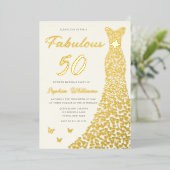 Gouden jurk, Fabulous 50ste verjaardag jurk goud Folie Uitnodiging (Staand Voorkant)