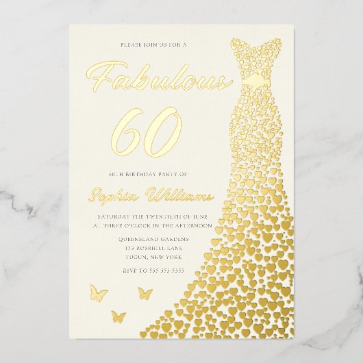Gouden jurk, Fabulous 60e verjaardag jurk goud Folie Uitnodiging (Voorkant)