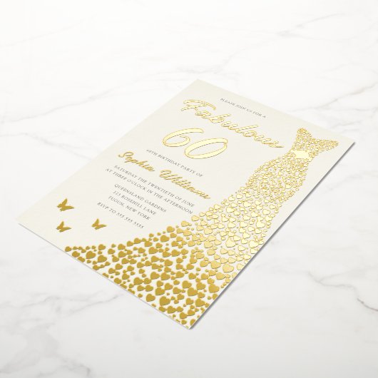 Gouden jurk, Fabulous 60e verjaardag jurk goud Folie Uitnodiging (Gedraaid)
