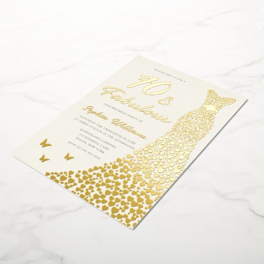 Gouden jurk, Fabulous 70th verjaardag jurk goud Folie Uitnodiging (Gedraaid)