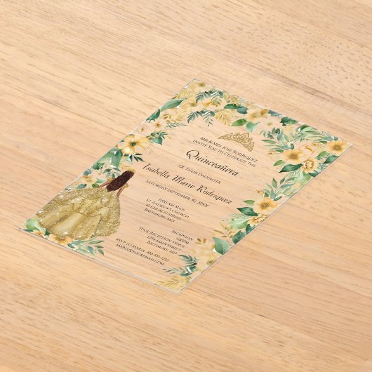 Gouden jurk Floral Elegante formele Quinceanera Acryl Uitnodigingen (Laagn)