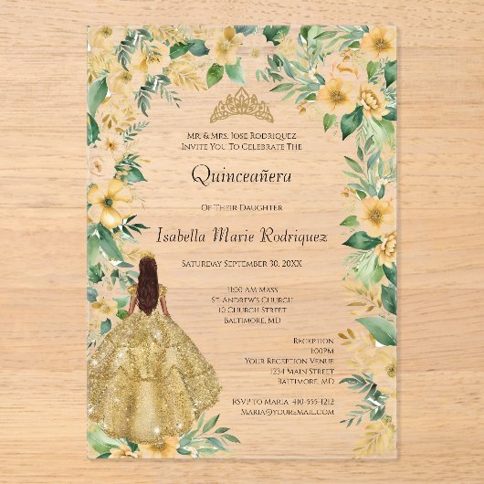 Gouden jurk Floral Elegante formele Quinceanera Acryl Uitnodigingen (Voorkant)