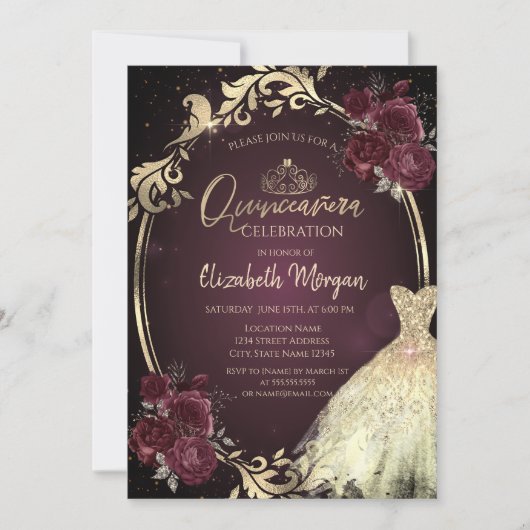 Gouden Jurk Lijst Bourgogne Rozen Quinceañera Kaart (Voorkant)
