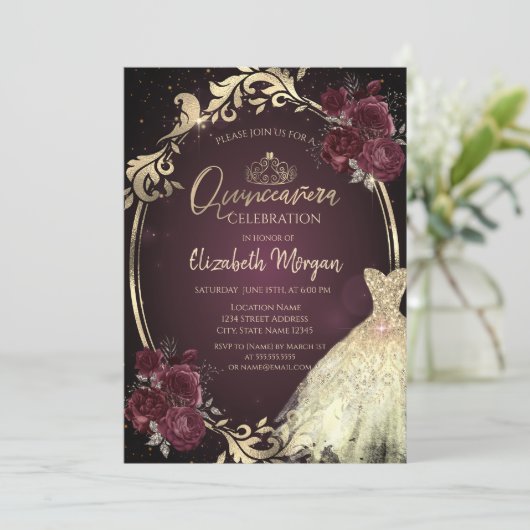 Gouden Jurk Lijst Bourgogne Rozen Quinceañera Kaart (Staand voorkant)