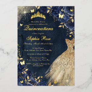 Gouden jurk marine bloem vlinder Quinceanera Folie Uitnodiging