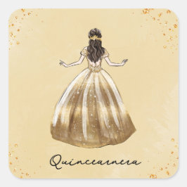 Gouden jurk met glitter quinceanera verjaardag vierkante sticker