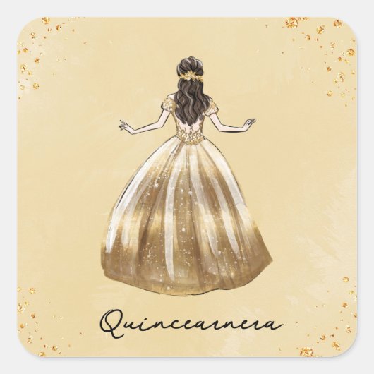 Gouden jurk met glitter quinceanera verjaardag vierkante sticker (Voorkant)