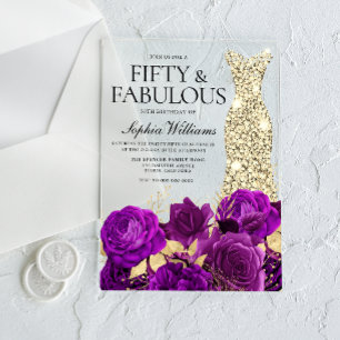 Gouden jurk paarse bloemen 50ste verjaardagsfeest acryl uitnodigingen