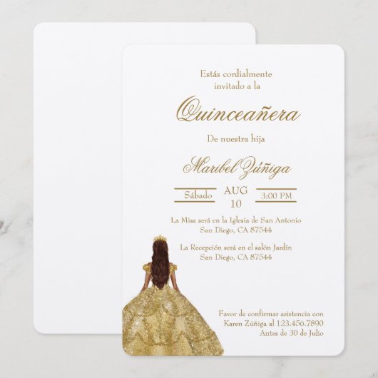 Gouden jurk Quinceanera uitnodiging (Voorkant / Achterkant)