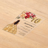 Gouden jurk rode bloemen rozen helder acryl uitnodigingen (Laagn)