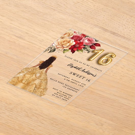 Gouden jurk rode bloemen rozen helder acryl uitnodigingen (Laagn)