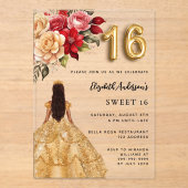 Gouden jurk rode bloemen rozen helder acryl uitnodigingen (Voorkant)