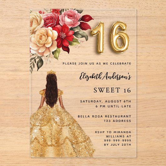 Gouden jurk rode bloemen rozen helder acryl uitnodigingen (Voorkant)