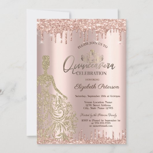Gouden Jurk Roos Gouden Glitter Drops Quinceañera Kaart (Voorkant)