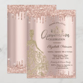 Gouden Jurk Roos Gouden Glitter Drops Quinceañera Kaart (Voorkant / Achterkant)