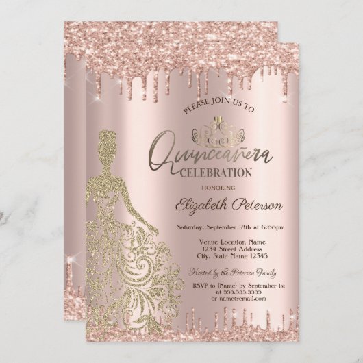 Gouden Jurk Roos Gouden Glitter Drops Quinceañera Kaart (Voorkant / Achterkant)