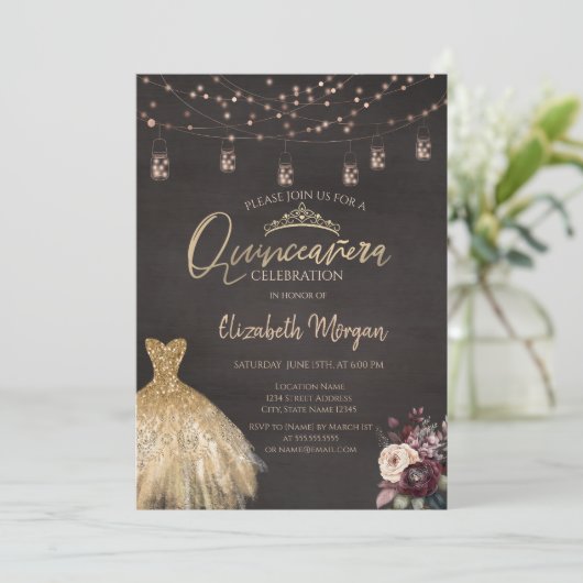 Gouden jurk rustieke string verlichting Rozen quin Kaart (Staand voorkant)