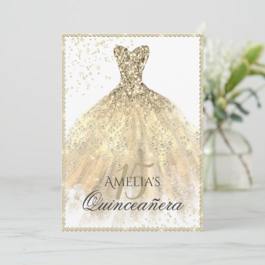 Gouden jurk Sparkle 15th Quinceanera Kaart (Staand voorkant)