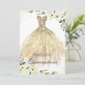 Gouden Jurk Sparkle Bloemen Quinceanera Uitnodigin Kaart (Staand voorkant)