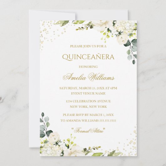 Gouden Jurk Sparkle Bloemen Quinceanera Uitnodigin Kaart (Achterkant)