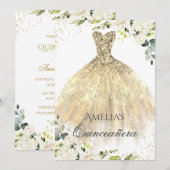 Gouden Jurk Sparkle Bloemen Quinceanera Uitnodigin Kaart (Voorkant / Achterkant)