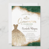 Gouden jurk tiara, groene glitter quinceañera kaart (Voorkant)