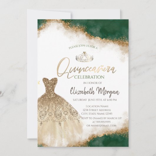 Gouden jurk tiara, groene glitter quinceañera kaart (Voorkant)