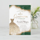 Gouden jurk tiara, groene glitter quinceañera kaart (Staand voorkant)