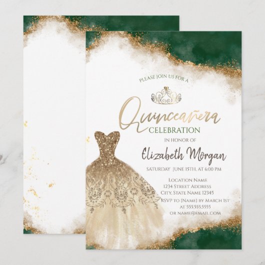 Gouden jurk tiara, groene glitter quinceañera kaart (Voorkant / Achterkant)