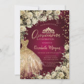 Gouden jurk Tiara, Rozen Bourgondië Quinceañera Kaart (Voorkant)