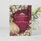 Gouden jurk Tiara, Rozen Bourgondië Quinceañera Kaart (Staand voorkant)