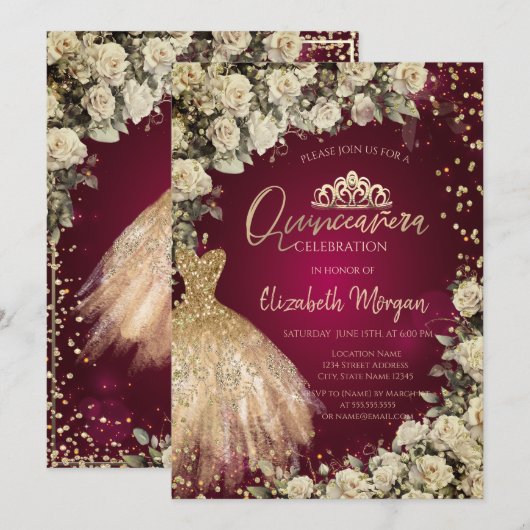 Gouden jurk Tiara, Rozen Bourgondië Quinceañera Kaart (Voorkant / Achterkant)