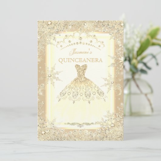 Gouden jurk tiara Winter Wonderland Quinceanera Kaart (Staand voorkant)