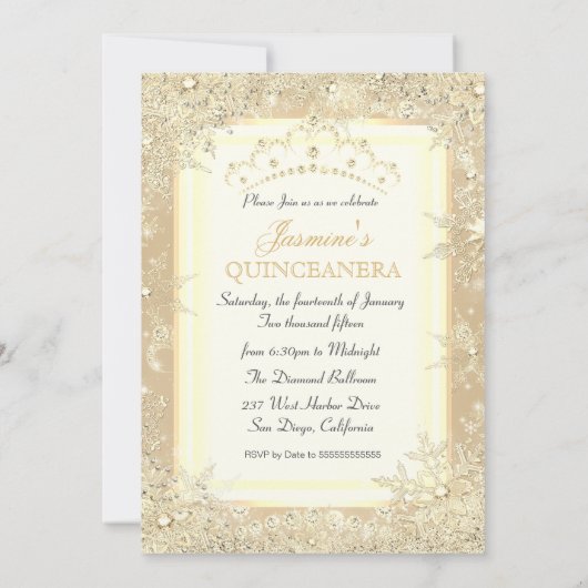 Gouden jurk tiara Winter Wonderland Quinceanera Kaart (Achterkant)
