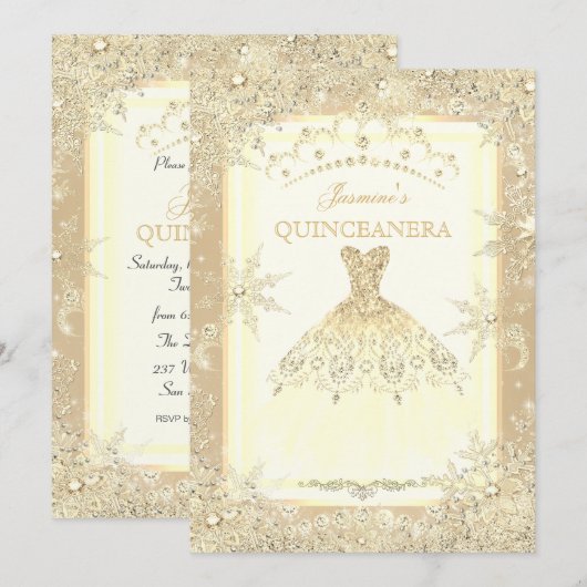 Gouden jurk tiara Winter Wonderland Quinceanera Kaart (Voorkant / Achterkant)