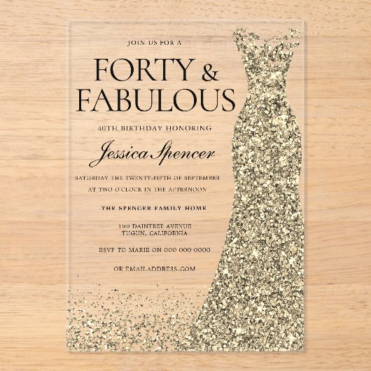 Gouden jurk vrouwen 40ste verjaardag partij acryl uitnodigingen (Voorkant)