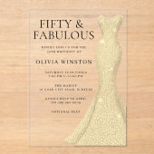 Gouden jurk vrouwen 50ste verjaardagsfeest acryl uitnodigingen (Voorkant)