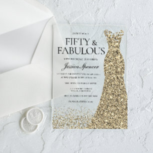Gouden jurk vrouwen 50ste verjaardagsfeest acryl uitnodigingen