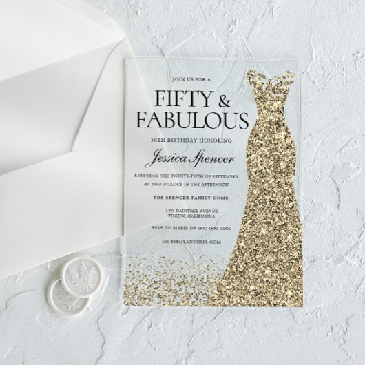 Gouden jurk vrouwen 50ste verjaardagsfeest acryl uitnodigingen