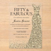 Gouden jurk vrouwen 50ste verjaardagsfeest acryl uitnodigingen (Voorkant)
