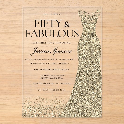 Gouden jurk vrouwen 50ste verjaardagsfeest acryl uitnodigingen (Voorkant)