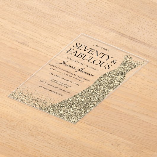 Gouden jurk vrouwen 70ste verjaardagsfeest acryl uitnodigingen (Laagn)