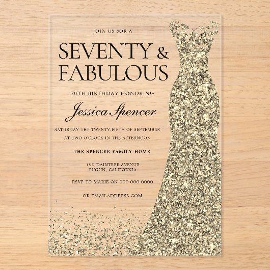 Gouden jurk vrouwen 70ste verjaardagsfeest acryl uitnodigingen (Voorkant)