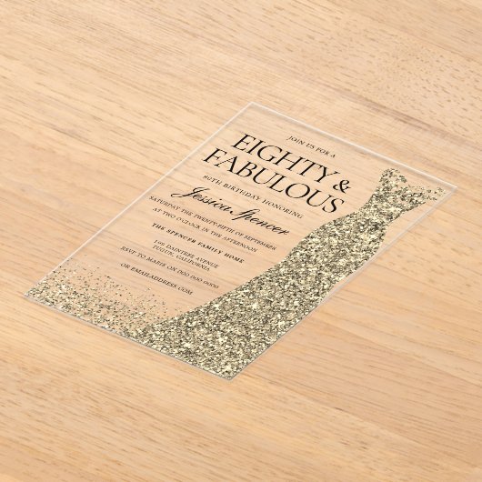 Gouden jurk vrouwen 80ste verjaardagsfeest acryl uitnodigingen (Laagn)