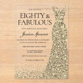 Gouden jurk vrouwen 80ste verjaardagsfeest acryl uitnodigingen (Voorkant)