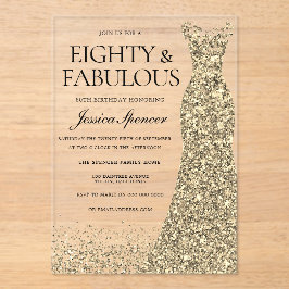 Gouden jurk vrouwen 80ste verjaardagsfeest acryl uitnodigingen