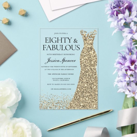 Gouden jurk vrouwen 80ste verjaardagsfeest acryl uitnodigingen (Insitu (Huwelijk))