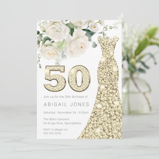 Gouden Jurk Wit Bloemen Rozen 50ste Verjaardag Kaart (Staand voorkant)