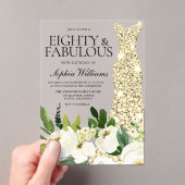 Gouden jurk Witte Bloemen 80ste verjaardag Acryl Uitnodigingen (Insitu (Draagbaar))